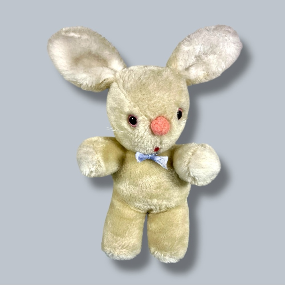 Vintage White Bunny Plush Wind Up Musical Brahms Lullaby Pink Eyes Blue Bow